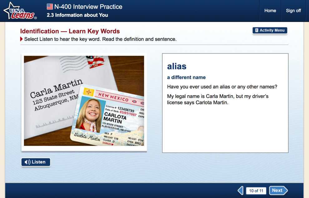 screenshot from Information About You lesson in N-400 Interview Practice unit of USA Learns Citizenship course