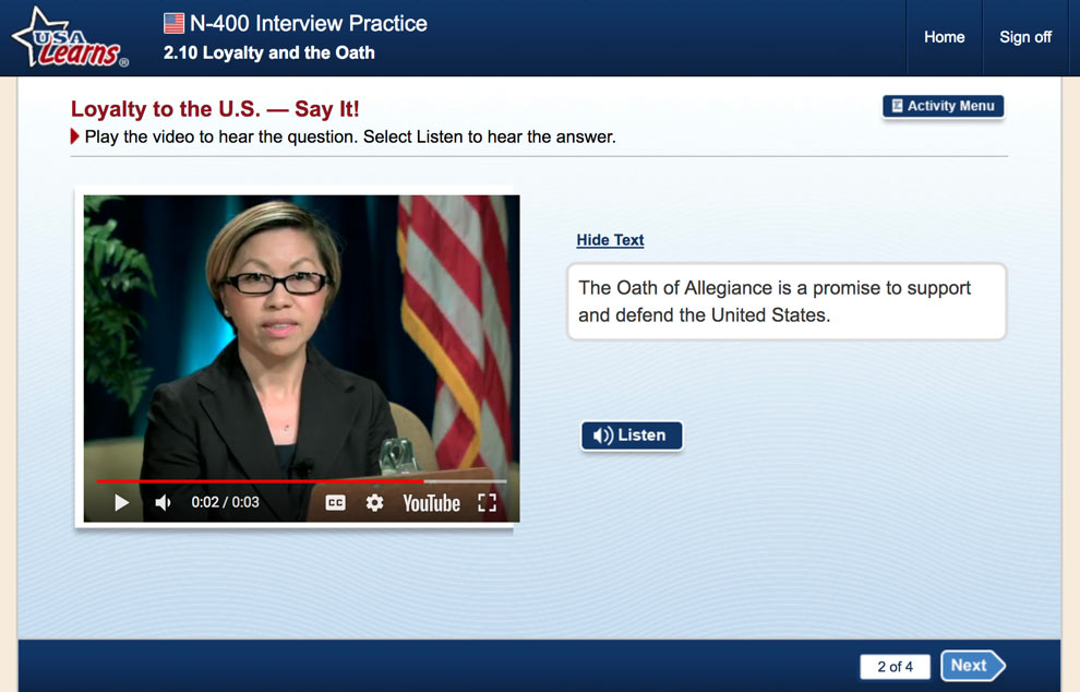 screenshot from Loyalty and the Oath lesson in N-400 Interview Practice unit of USA Learns Citizenship course
