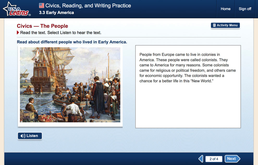 screenshot from Early America lesson in Civics, Reading and Writing Practice unit of USA Learns Citizenship course
