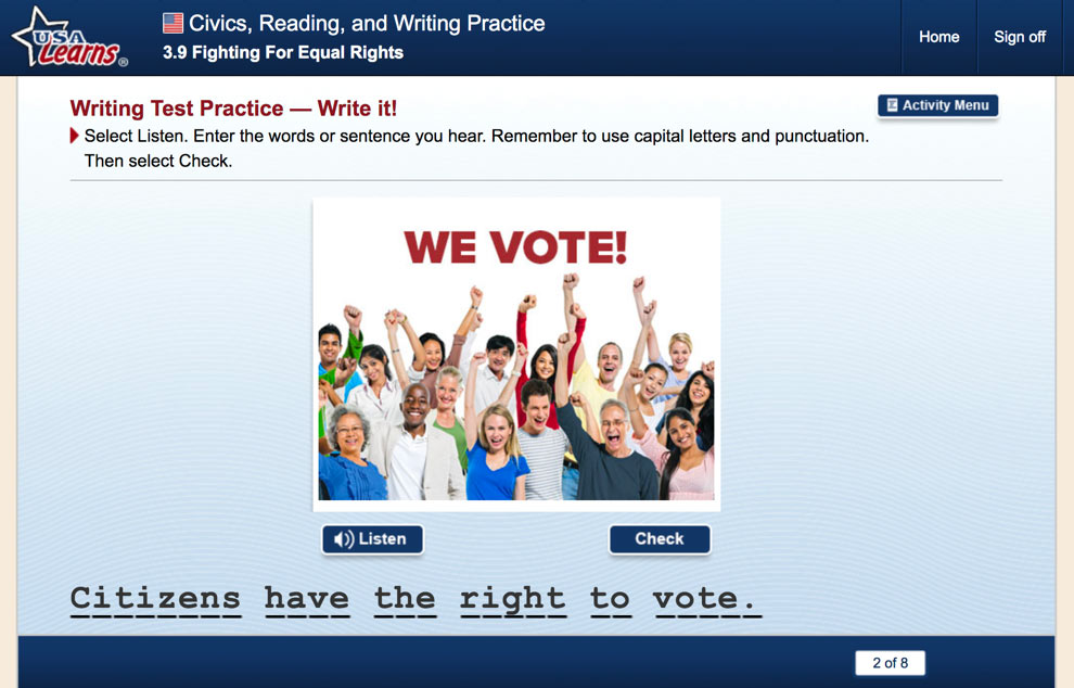 screenshot from Fighting for Equal Rights lesson in Civics, Reading and Writing Practice unit of USA Learns Citizenship course