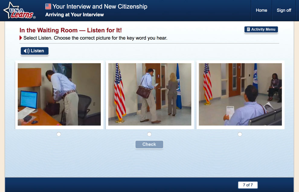 screenshot from Arriving at Your Interview in Your Interview and New Citizenship unit of USA Learns Citizenship course