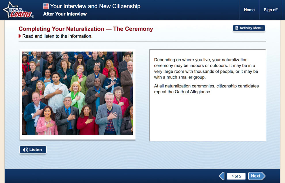 screenshot from After Your Interview in Your Interview and New Citizenship unit of USA Learns Citizenship course