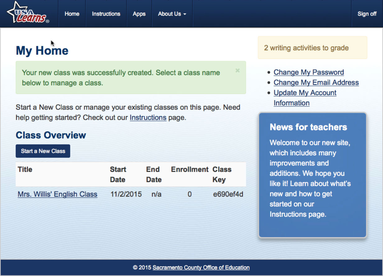 Screengrab of Create Class page
